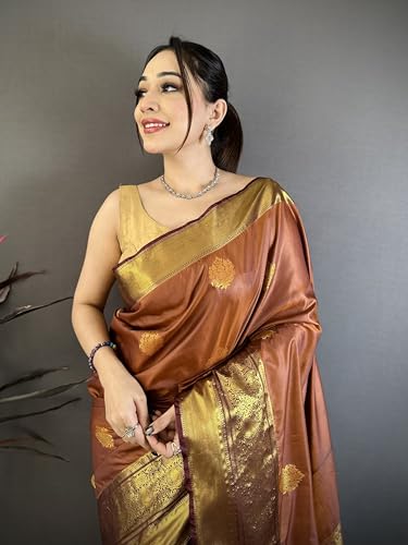 Image of SGF11 Women's Kanjivaram Pure Soft Silk Saree With Unstiched Blouse Piece (Brown)