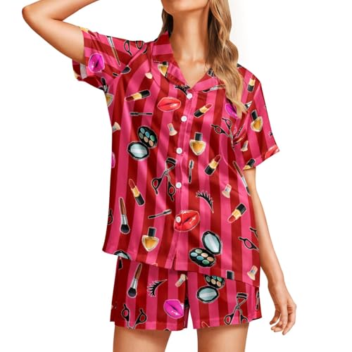 Image of Funny Pajamas for Women Set Print Satin Loungewear Pjs Short Sleeve Button Down Top and Shorts Sets Sleepwear XS-3XL
