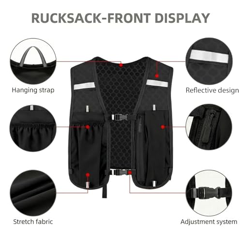 Chaleco de Hidratación para Running, Mochila Trail Ultraligera con Bolsillo para Móvil y Correas Reflectantes, Unisex para Hombre y Mujer, Deportes al Aire Libre (Negro) - imagen 3