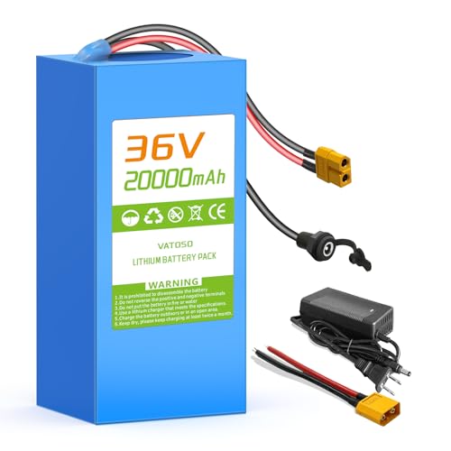 VATOSO 36V 20Ah Lithium Rechargeable Battery with 30A BMS with Charger and Connector for 200-1000W Solar Storage and DIY Projects 8.45x3.75x2.75 inches
