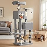 Feandrea Cat Tree, 61-Inch Cat Tower for Indoor Cats, Plush Multi-Level Cat Condo with 5 Scratching Posts, 2 Perches, 2 Caves, Hammock, 2 Pompoms, Light Gray UPCT192W01