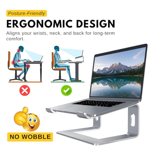 Image of ER Ergonomic Aluminium Laptop Stand for Table, Fits 10-16 Inch Laptops | Raises your laptop to eye level to improve posture and help reduce neck, back and eye strain during long sessions.