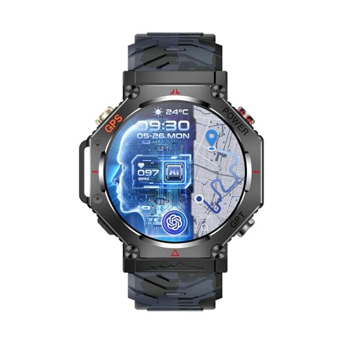 Dpofirs Smart Watch per Uomo Donna, Orologio Sportivo con Posizione GPS, Supporto GPT, Ricarica Magnetica, Smartwatch Antipioggia con Torcia per IOS per Android (Nero Blu)