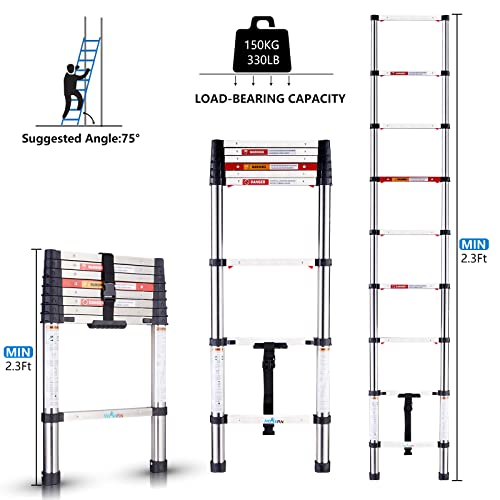 Meanfun Telescoping Ladder, 8.5 Ft One-Button Retraction Stainless Steel Extension Ladder, Safe Slow Down Mechanism Portable Ladder With Ansi Certified For Home Apartment Office Shed, 330 Lb Capacity #TOP1