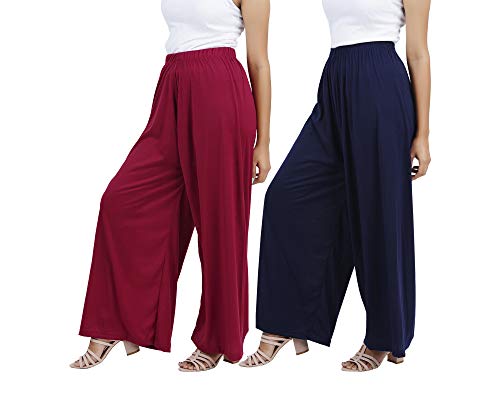 Image of Buy That Trendz M to 4XL Cotton Viscose Loose Fit Flared Wide Leg Palazzo Pants for Women Maroon Navy Combo Pack of 2