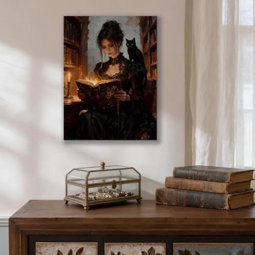 HYFBH Gothic Witch Black Cat Canvas Wall Art Dark Academia Vintage Oil Painting Canvas Print Posters Prints Magical Witchy Wall Decor for Bedroom Living Room Office Home & Kitchen 16x24 Inch — view 3