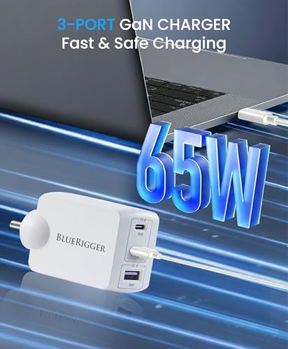 Image of BlueRigger 65W 3-Port GaN Charger PD QC3.0 QC4.0 PPS Fast Charging Compact Adapter for All MacBook Series and laptops with USB C Charging Port (White)
