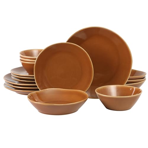 Bloomhouse Montecito Breeze - Juego de vajilla de 16 piezas (servicio para 4) platos y cuencos dobles de cerámica con esmalte reactivo, terracotta Canyon