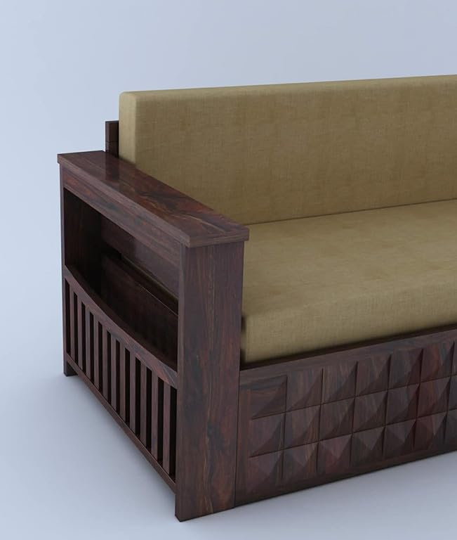 Image of Solid Sheesham Wood Sofa Cum Bed 2 Seater | Wooden Foldable Double Bed for Living Room with Headboard & Storage | Bed Cum Sofa with Mattress for Home | Diamond Design (Walnut Finish)