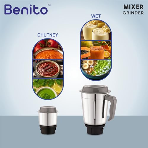 Image of Benito TURIN 550W Mixer Grinder with 2 SS Jars | Heavy-Duty Shockproof ABS Housing | Powerful Motor with Advanced Grinding Technology | Elegant Yellow & Gray Finish come with 1-Year Warranty