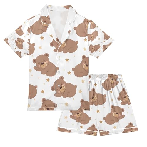 senya Bear Sleeping Satin Summer Pajama Sets Silk Short Sleeve Button Down Sleepwear