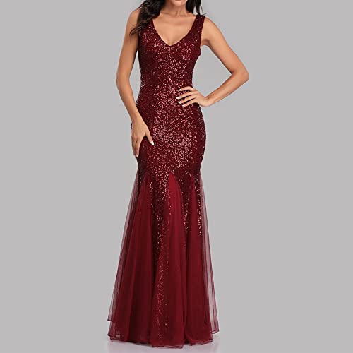 Kaniem Women's Gliter Side Slit Sleeveless Sequin Evening Formal Party Dress Long Sleeve Long V-Neck Sequin Gown Formal Dresses For Women Evening Party Plus Size Red #TOP3