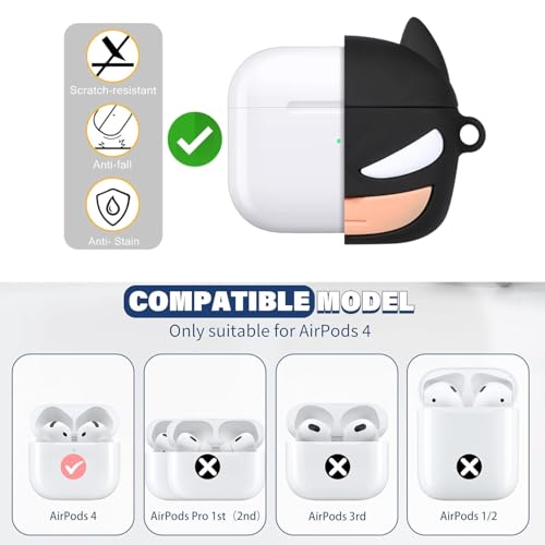 Image of Emoh Roced Case for AirPodS 4 (2024) with Keychain (ANC), Cute Cartoon Shockproof Protective Cover Compatible with Apple AirPods 4th Generation 2024 for Women and Boys (Batman)
