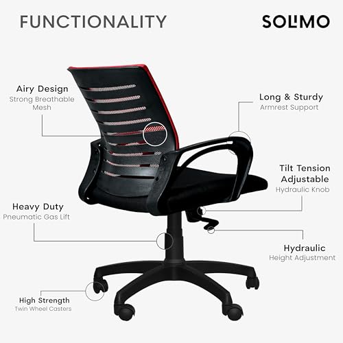 Image of Amazon Brand - Solimo Sitly Mid Back Revolving Office Chair for Work from Home, Study, and Computer Use | Heavy Duty Base | Ergonomic Mesh Design | Durable & Comfortable Seating (Red Mesh)