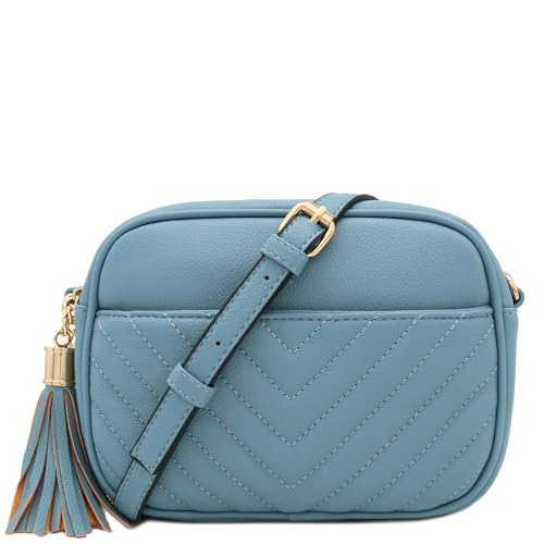 Image of FashionPuzzle Chevron Quilted Crossbody Camera Bag with Chain Strap and Tassel
