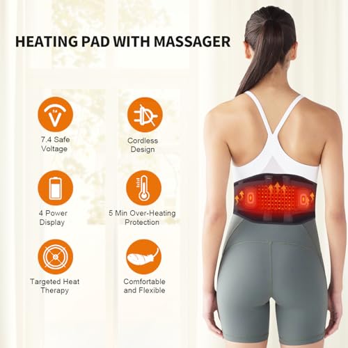 CUEHEAT Heated Waist Belt, Cordless Heating Pad for Low Back, Electrical Heating and Massage, Rechargeable Battery Powered (Dark Black, 49inch)