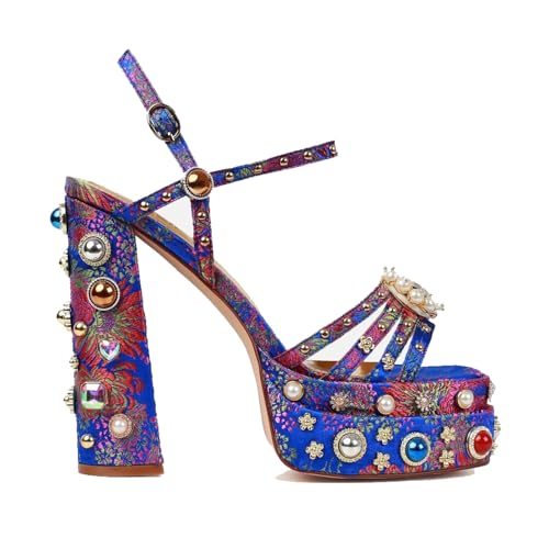 Women's Peep Toe Rhinestone Block Pump Sandals Block Heels Gems Detail Fashion Green Pink Floral Print Embroidery Ankle Strap Dress Wedding Party Pump Sandals