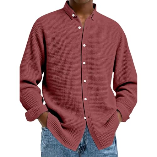 Mokaloha Mens Long Sleeve Shirts Waffle Men Casual Solid Color Waffle Button Long Sleeve Classic Comfortable Collared Shirt3