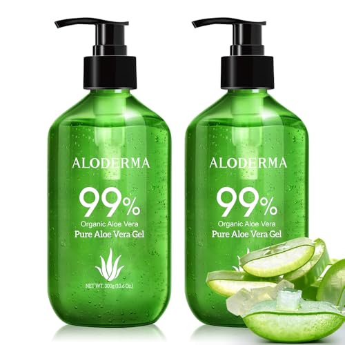 Aloderma Aloe Vera Gel Made within 12 Hours of Harvest with 99% Pure Organic Aloe Vera - Pump Bottle - Ideal for Face and Body, Soothing &amp; Hydrating Sunburn Relief, Great for Scalp &amp; Hair - 2 x 10.6oz