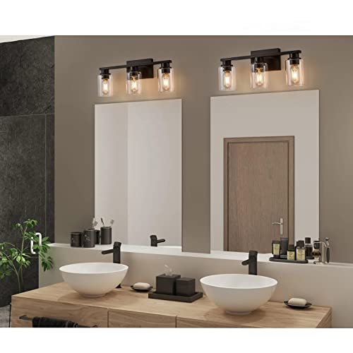 Atocif Bathroom Light Fixtures, 3 Light Bathroom Vanity Light, Farmhouse Wall Sconces With Cylinder Glass Shade, Black Vanity Lights For Living Room, Bedroom, Kitchen, Stairs #TOP6