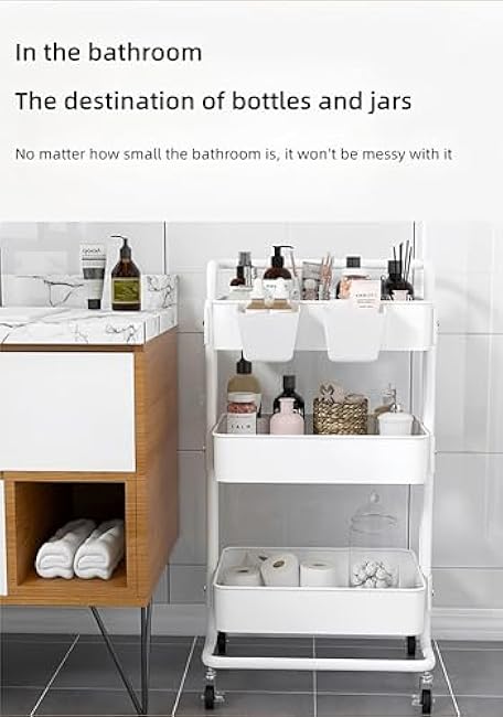 3 Tier Utility Rolling Cart, Metal Storage Cart with Handle and Wheels, Multifunctional Storage Organizer Trolley with Baskets for Kitchen, Living Room, Office, Garage (Black, Standard)-yT91gOB4