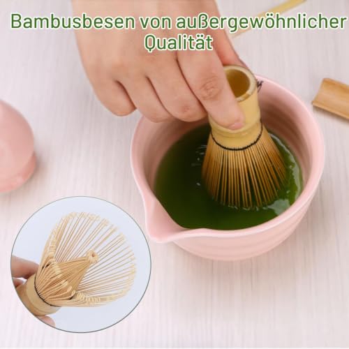 Matcha-Set Rosa mit Matcha Besen Matcha Schale mit Ausgießer Besenhalter aus Keramik und Löffel - 5 Stück Matcha Set Pink für Teeliebhaber – Ansicht 5