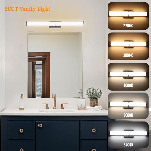 Image of 24.8Inch 2500LM Bathroom Light Fixtures 5CCT Optional, Black Modern LED Vanity Lights Clear Shade, Dimmable Bathroom Lighting Fixtures Over Mirror - ETL Listed