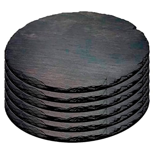 Tradineur - Pack de 6 Platos de Pizarra Redondos, Bandeja para hosteleria, Servicio y degustación, Canto rústico, Tabla de Piedra Natural para Servir Aperitivos - Ø 25 cm