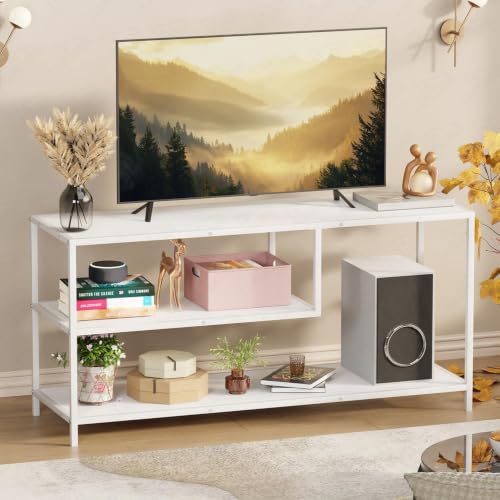 Image of Lukzer Metal & Engineered Wood TV Unit Stand Ideal for TVs Up to 43 Inch | MTU-001 /White & White | Open Shelves for WiFi Router, Set-Top Box, Speakers & Decor | Living Room Storage Rack Organizer