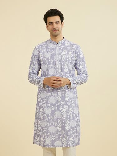 Image of Manyavar Men's Cotton Blend Floral Print Full Sleeves Long Kurta Pyjama Set (2pcs)