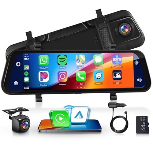 9.66' Specchietto Retrovisore Dash Cam Wireless Carplay Android Auto/Bluetooth/Trasmettitore...