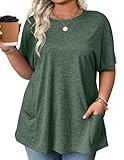 IN'VOLAND Women's Plus Size Tops Cute Babydoll Flowy T Shirts Soft 2025 Summer Tunic Top for Leggings with Pockets Green