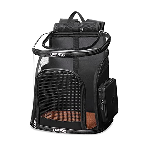 WOYYHO Cat Backpack Carriers, Transparent Pet Carrier Backpack for Cat Puppy Dog, Ventilated Mesh Cat Backpack Collapsible Dog Backpack Carrier with Safety Strap Bottom Pad for Travel Hiking Outdoor