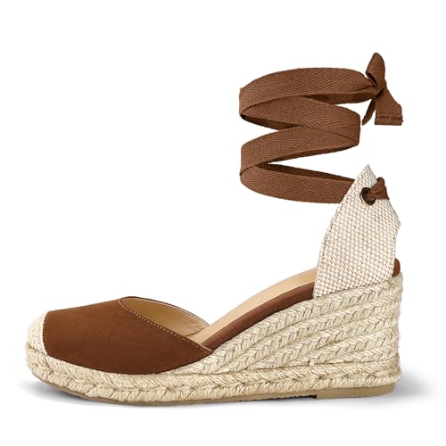 mysoft Women's Espadrille Platform Wedge Sandals Closed Toe Ankle Strap Lace up Summer Shoes2