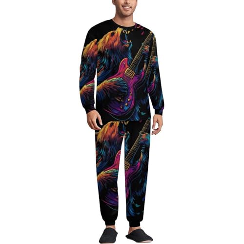 Wild Bear Playing Guitar Pajama Set Long Sleeve Lounge Sets Sleepwear 2 Pjs Nightwear for Men Women