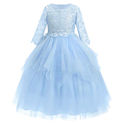 Flower Girl Communion Embroidery Lace Dress for Kids Junior Wedding Pageant Party Prom Formal Dance Evening Maxi Gown Princess Puffy Tulle Dresses with 3/4 Sleeve Blue 3-4T