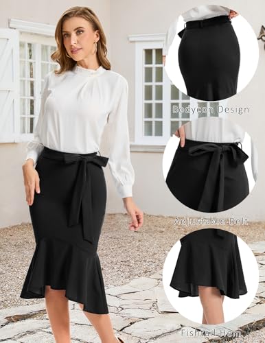 Bbonlinedress Womens Midi Pencil Skirt Fishtail Work Office Church Bodycon High Waist Mermaid Skirts with Bow Tie Belt4
