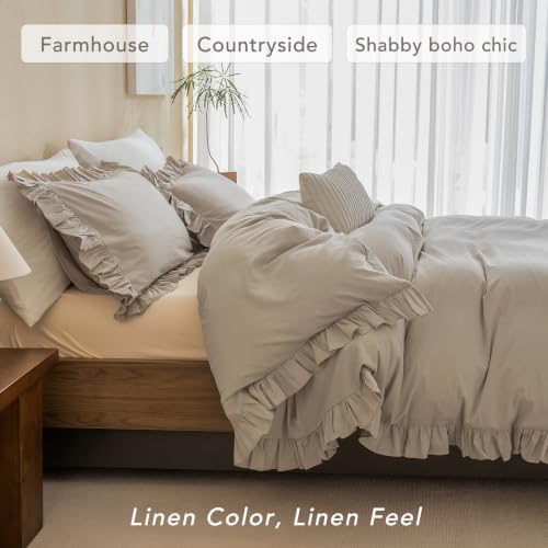 Image of QSH Washed Cotton Queen Duvet Cover Set Ruffle Duvet Cover Linen Textured Farmhouse Shabby Vintage Chic Bedding Comforter Cover 3 PCs Aesthetic French Country Queen Bed Set