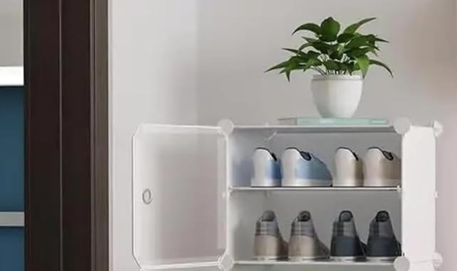 Image of Strassis Design Plastic Shoe Rack for Home with Door, 4 Door 12 Shelf | DIY Shoe Stand Organizer Cabinet for 24 Pairs Storage | Portable Slipper & Chappal Stand
