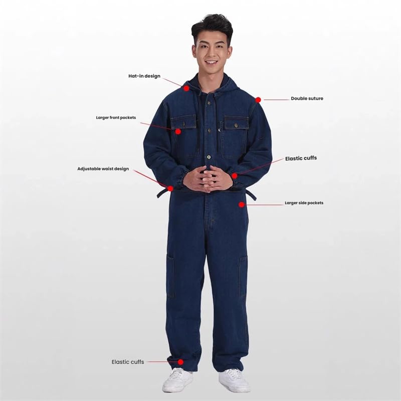 Tuta protettiva resistente all'usura da lavoro in denim da uomo | Tuta da lavoro durevole, tuta protettiva monopezzo resistente all'usura, ideale per officina, meccanico