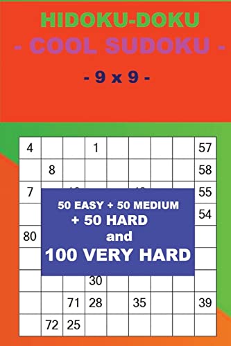 HIDOKU-DOKU - COOL SUDOKU - 9 x 9-: 50 EASY + 50 MEDIUM + 50 HARD and 100 VERY HARD. This is the perfect book for you. (PITSTOP Doku)
