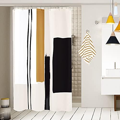 Yookeb Stall Abstract Geometric Bathroom Shower Curtain 36W by 71H Inch Small Half Neutral Black Painting Minimalist Modern Tan Polyester Fabric 7 Plastic Hooks Decor