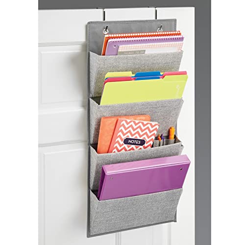 Mdesign Soft Fabric Wall Mount/Over Door Hanging Storage Organizer - 4 Large Cascading Pockets - Holds Office Supplies, Planners, File Folders, Notebooks - Textured Print - Gray #TOP2