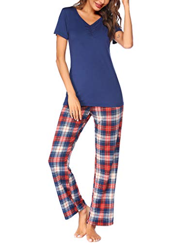 Hotouch Pajama Sets Women Sleepwear Pjs Short Sleeve Cotton Top & Plaid Long Pants Loungwear S-XXL (X-Large, Navy Blue)