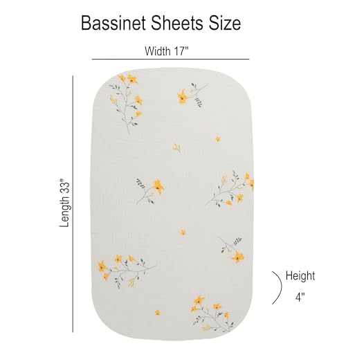 Image of Onacosht Muslin Bassinet Sheets 3 Pack for Baby Girl, Leaf and Floral Beige | Skin-friendly, 100% Cotton Bassinet Fitted Sheets, 33 inch X 17 inch, Universal Size for Standard Oval & Rectangle Bassinet Mattress