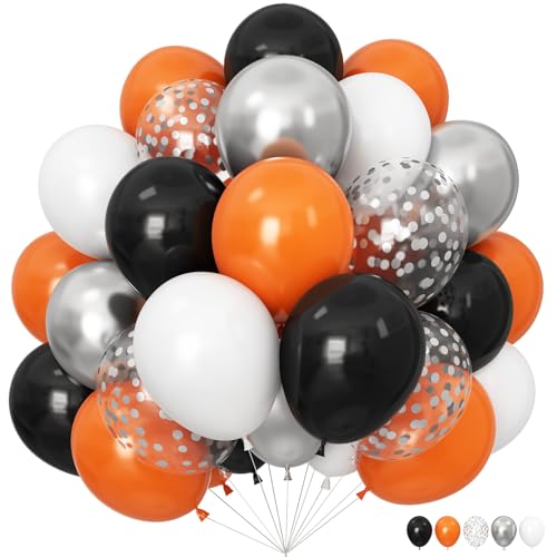 Image of Orange Black Balloons Orange White Sliver Balloons Graduation Decorations 60pcs 12inch Metallic Silver Confetti Latex Balloon for Arch Helium Basketball Birthday Party Halloween Supplies