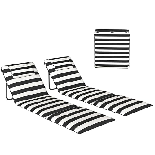 Outsunny Set di 2 Sdraio da Spiaggia Pieghevoli, Lettini Mare Pieghevoli Portatili con Poggiatesta Imbottito, Telaio in Metallo e Schienale Regolabile per Esterno, Parco, Campeggio, Grigio e Bianco