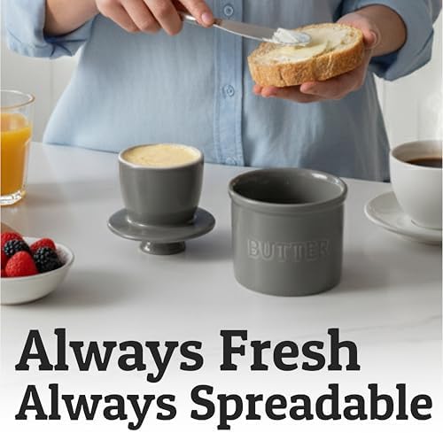 PriorityChef Butter Crock with Lid, On Demand Spreadable Butter, French Butter Keeper to Leave On Counter with Water Line, Ceramic French Butter Dish, Grey