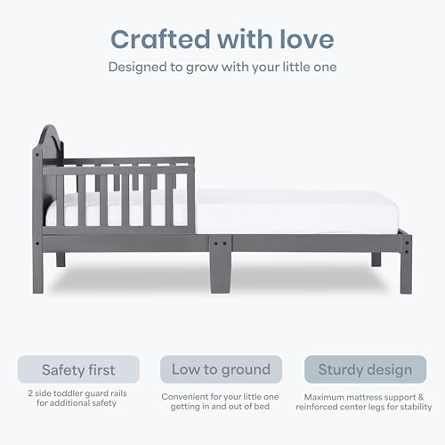 Image of Dream On Me Sydney Toddler Bed in Steel Grey, Greenguard Gold Certified | Solid Arched Panel, Low to Floor Bed, 2 Safety Guard Rails, Sturdy Wooden Frame, 50 Lb Limit, BSA Verified