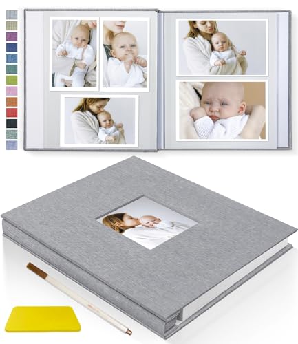 Image of Popotop Photo Album Self Adhesive with Picture Display Window,40 Pages DIY Baby Memory Book for 4x6 8x10 Picture,Linen Cover Scrapbook for Wedding,with Scraper and Metallic Pen
